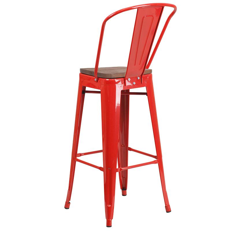 30" High Red Metal Barstool with Back and Wood Seat. Picture 3