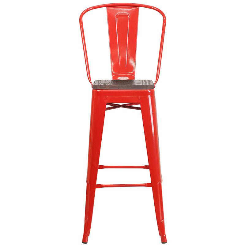 30" High Red Metal Barstool with Back and Wood Seat. Picture 4