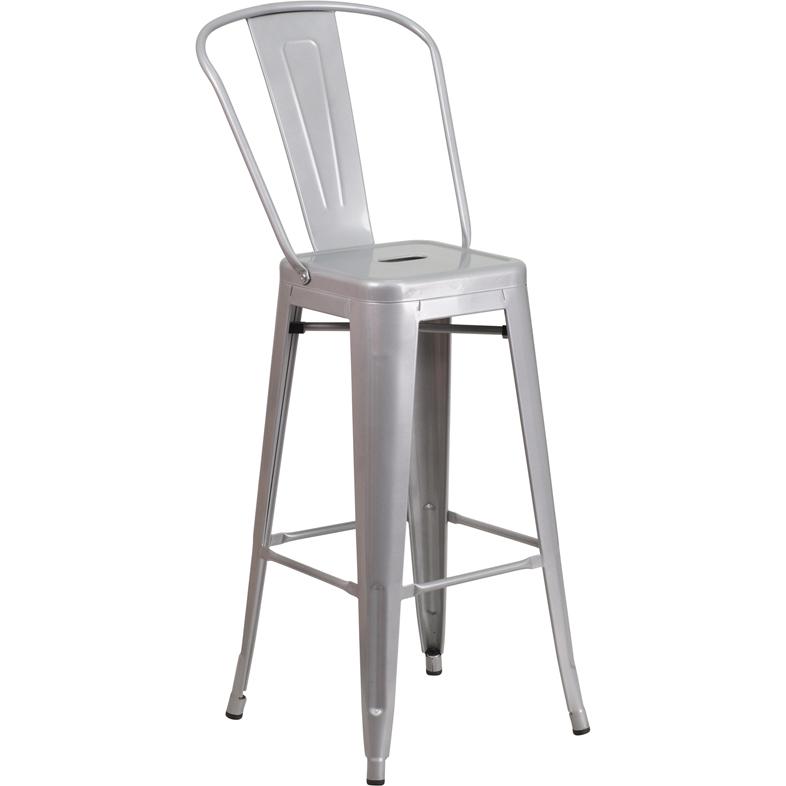 30" High Silver Metal Indoor-Outdoor Barstool with Removable Back. Picture 1