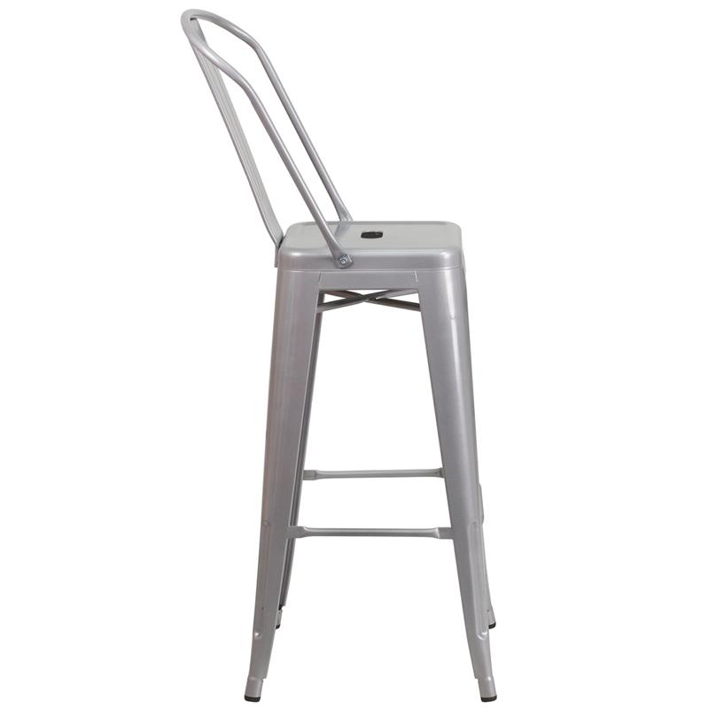 30" High Silver Metal Indoor-Outdoor Barstool with Removable Back. Picture 2
