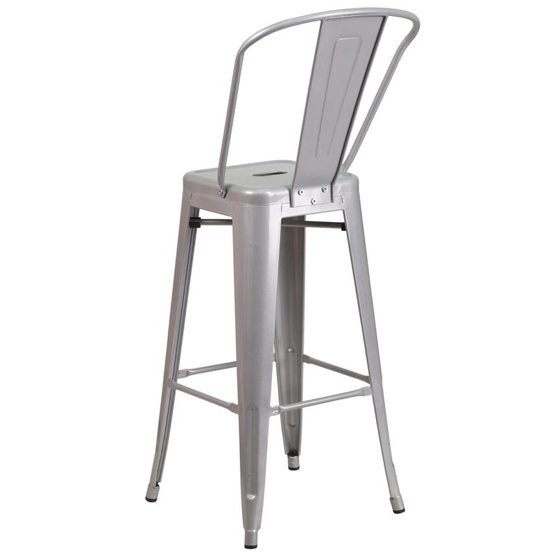 Commercial Grade 30" High Silver Metal Indoor-Outdoor Barstool with Removable Back. Picture 3