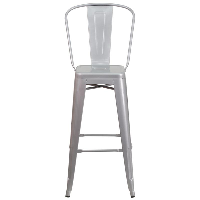 30" High Silver Metal Indoor-Outdoor Barstool with Removable Back. Picture 4