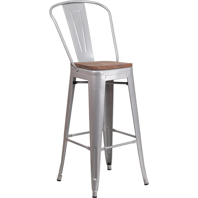 30" High Silver Metal Barstool with Back and Wood Seat. Picture 1
