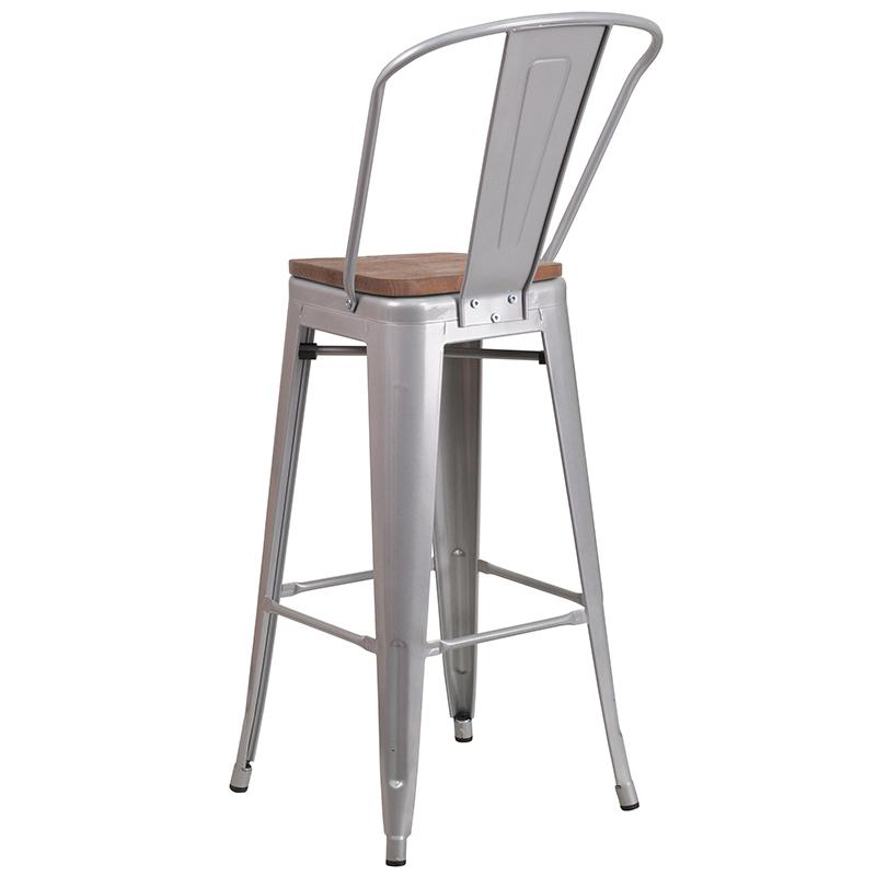 30" High Silver Metal Barstool with Back and Wood Seat. Picture 3