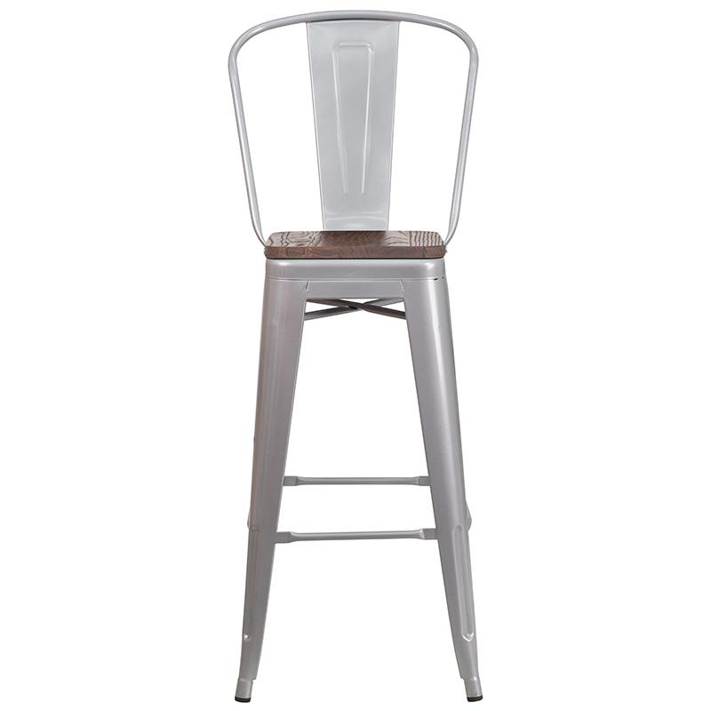 30" High Silver Metal Barstool with Back and Wood Seat. Picture 4