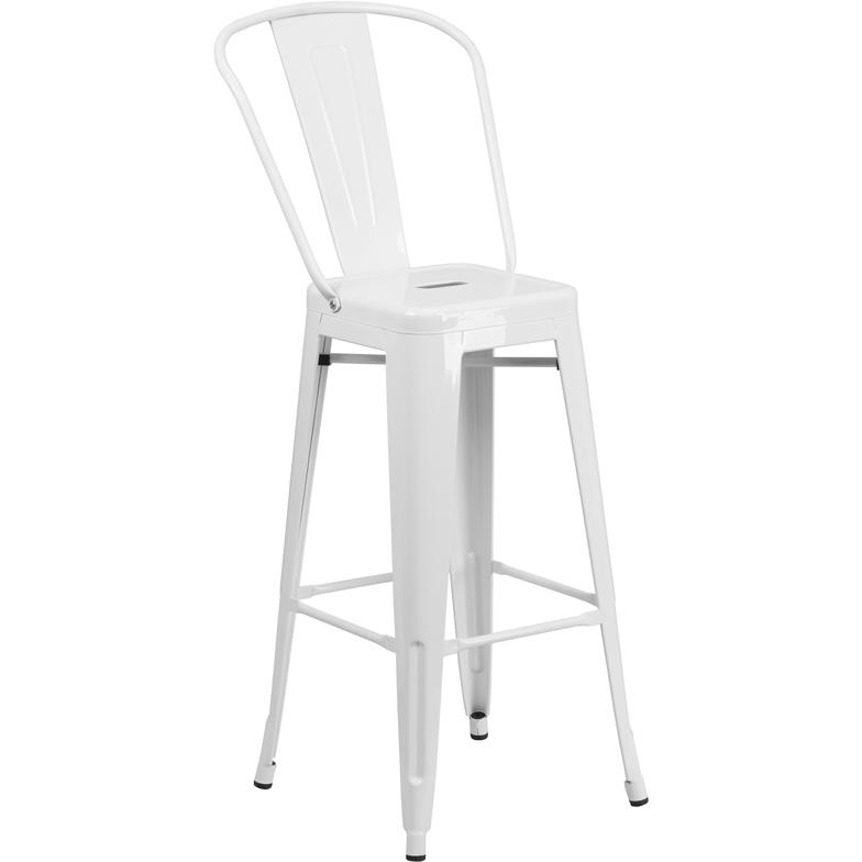 30" High White Metal Indoor-Outdoor Barstool with Removable Back. Picture 1