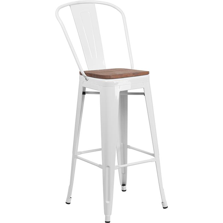 30" High White Metal Barstool with Back and Wood Seat. Picture 1