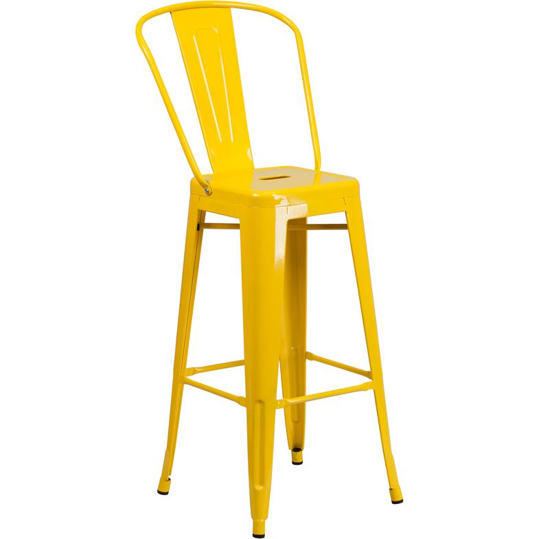 30" High Yellow Metal Indoor-Outdoor Barstool with Removable Back. Picture 1