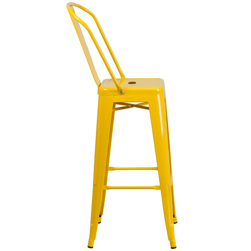 30" High Yellow Metal Indoor-Outdoor Barstool with Removable Back. Picture 2