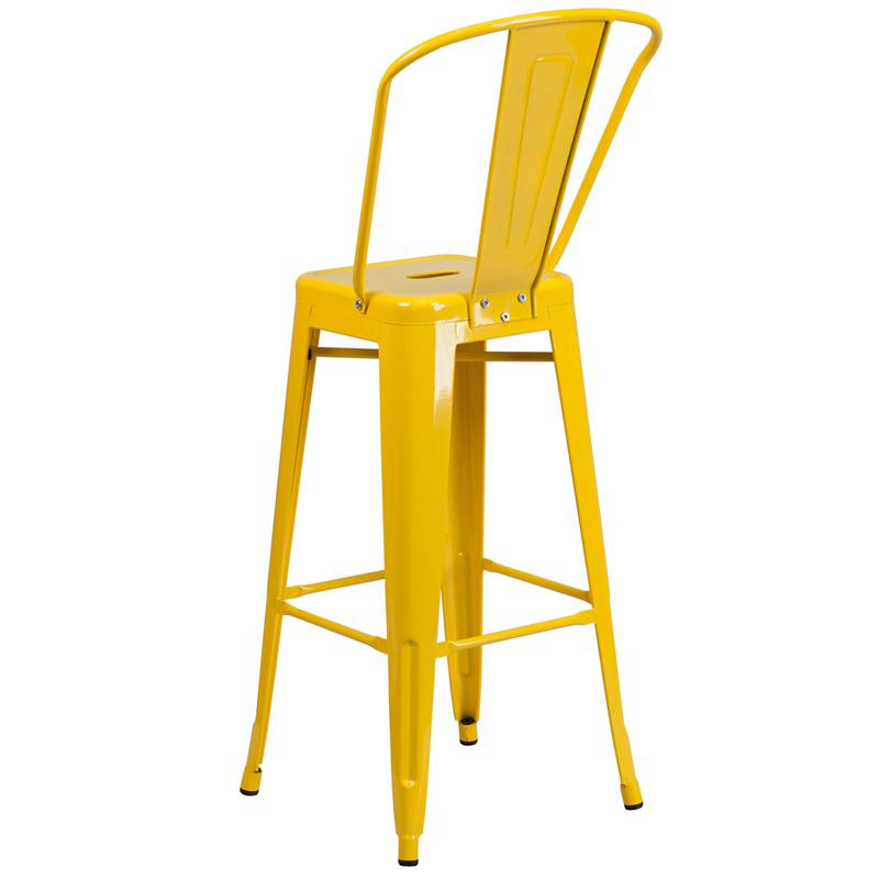 30" High Yellow Metal Indoor-Outdoor Barstool with Removable Back. Picture 3