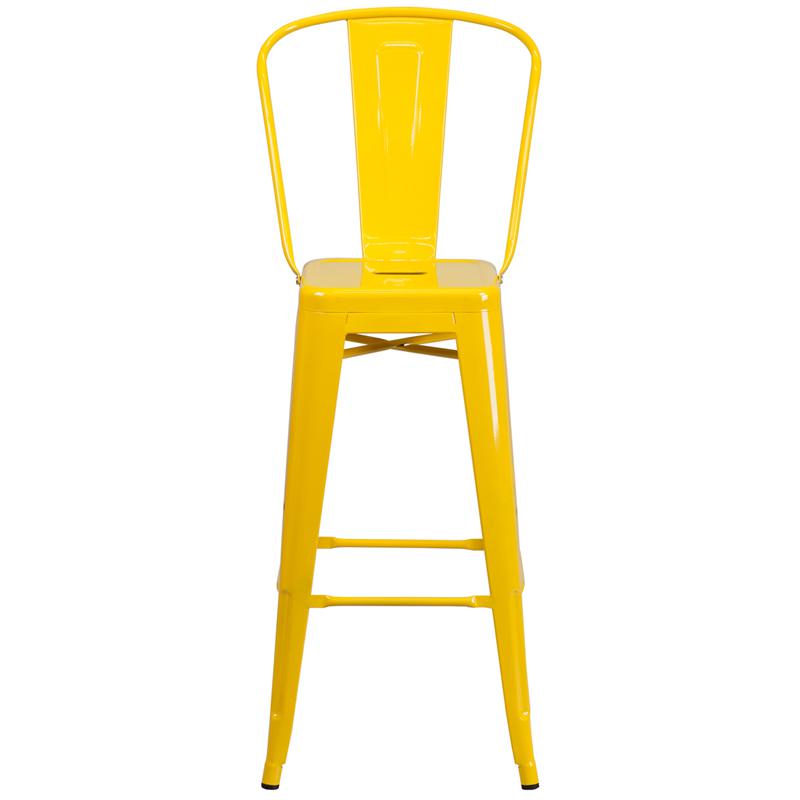 30" High Yellow Metal Indoor-Outdoor Barstool with Removable Back. Picture 4