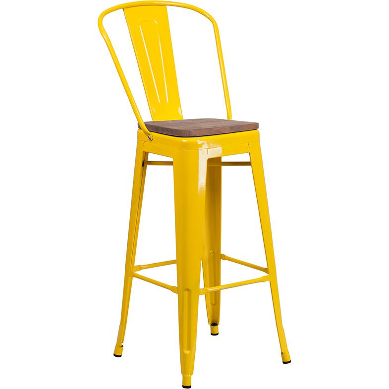 30" High Yellow Metal Barstool with Back and Wood Seat. Picture 1