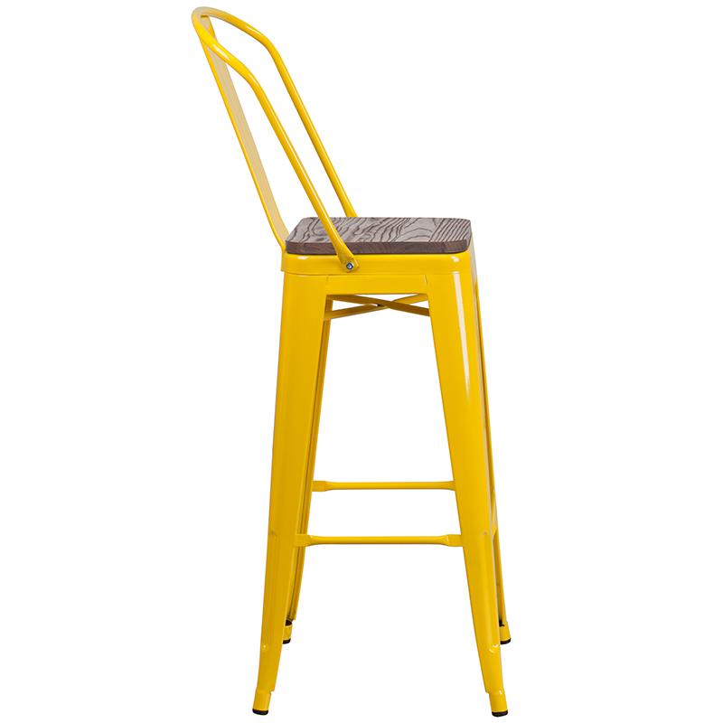 30" High Yellow Metal Barstool with Back and Wood Seat. Picture 2