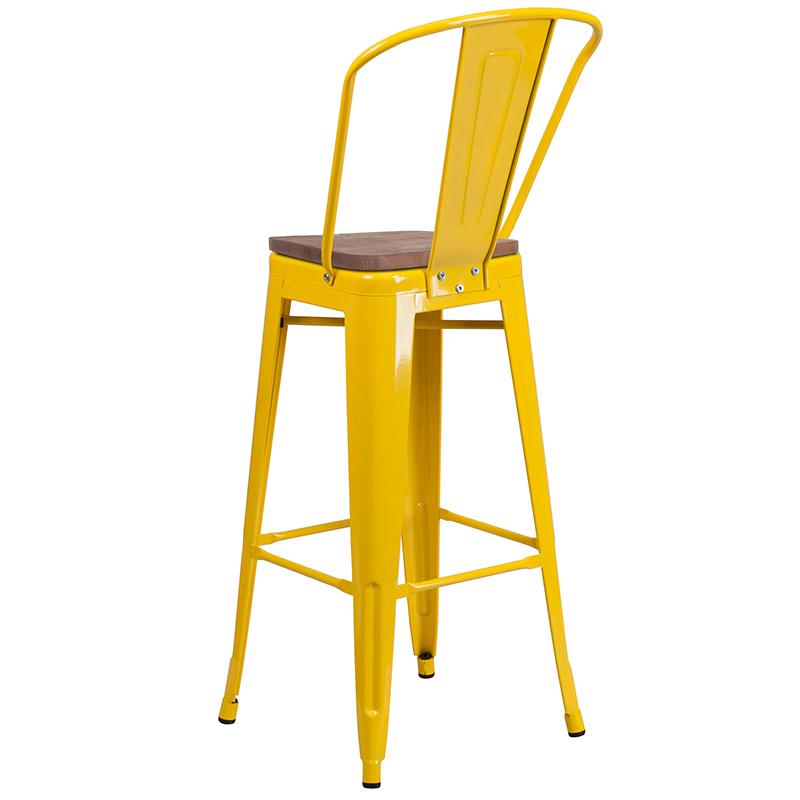 30" High Yellow Metal Barstool with Back and Wood Seat. Picture 3