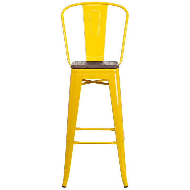 30" High Yellow Metal Barstool with Back and Wood Seat. Picture 4