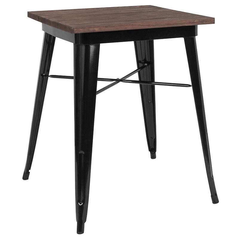 23.5" Square Black Metal Indoor Table with Walnut Rustic Wood Top. Picture 1