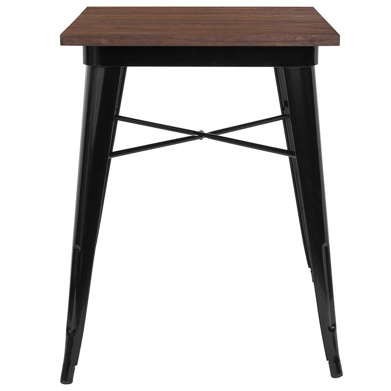 23.5" Square Black Metal Indoor Table with Walnut Rustic Wood Top. Picture 2