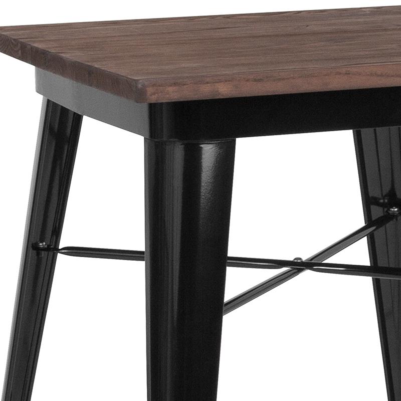 23.5" Square Black Metal Indoor Table with Walnut Rustic Wood Top. Picture 3