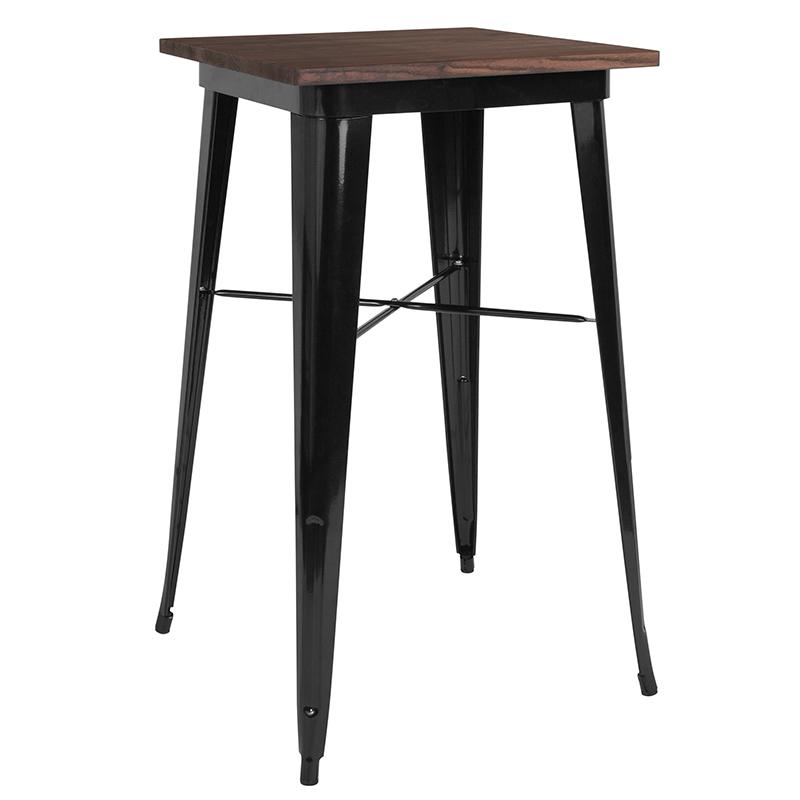 23.5" Square Black Metal Indoor Bar Height Table with Walnut Rustic Wood Top. Picture 1