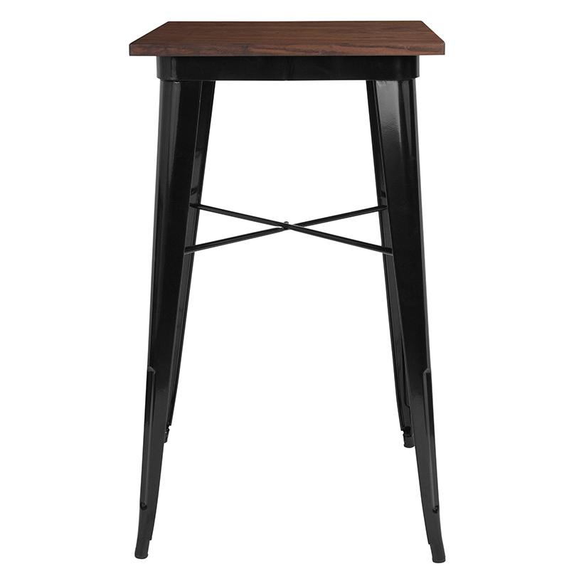 23.5" Square Black Metal Indoor Bar Height Table with Walnut Rustic Wood Top. Picture 2