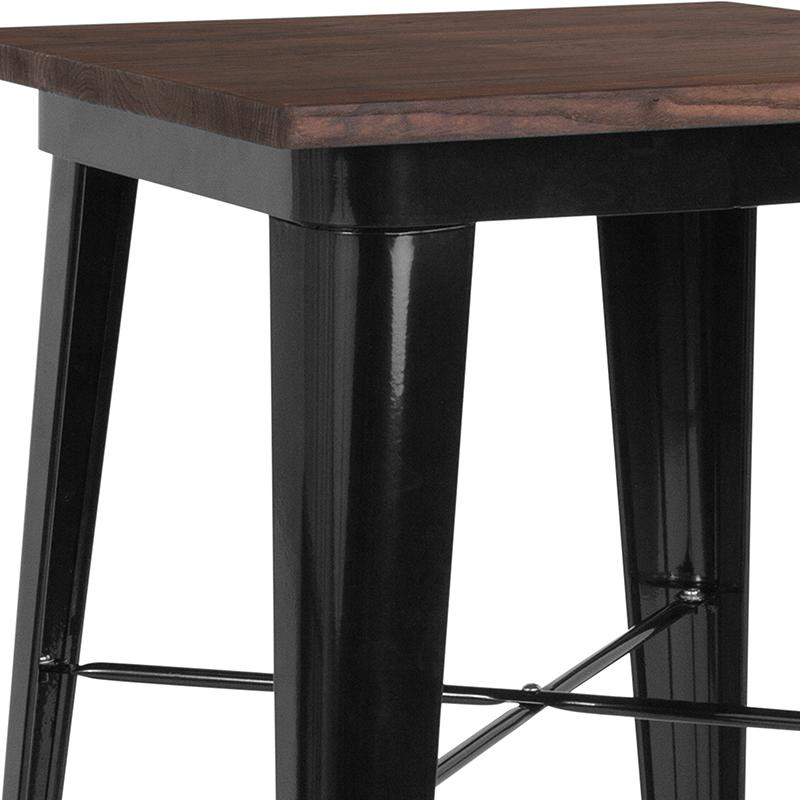 23.5" Square Black Metal Indoor Bar Height Table with Walnut Rustic Wood Top. Picture 3