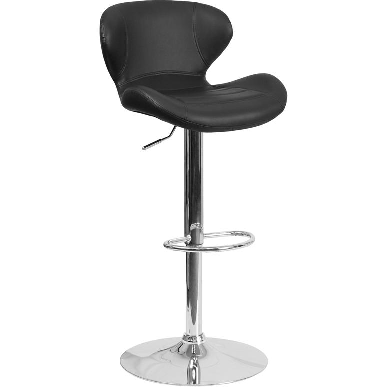 Black Vinyl Adjustable Height Barstool with Curved Back and Chrome Base. Picture 1