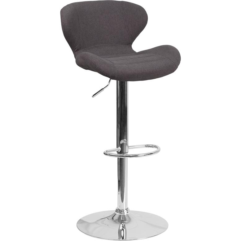 Contemporary Charcoal Fabric Adjustable Height Barstool with Curved Back and Chrome Base. The main picture.
