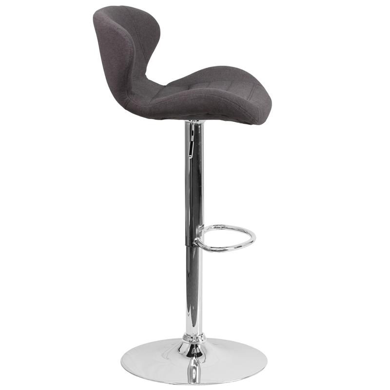 Contemporary Charcoal Fabric Adjustable Height Barstool with Curved Back and Chrome Base. Picture 2