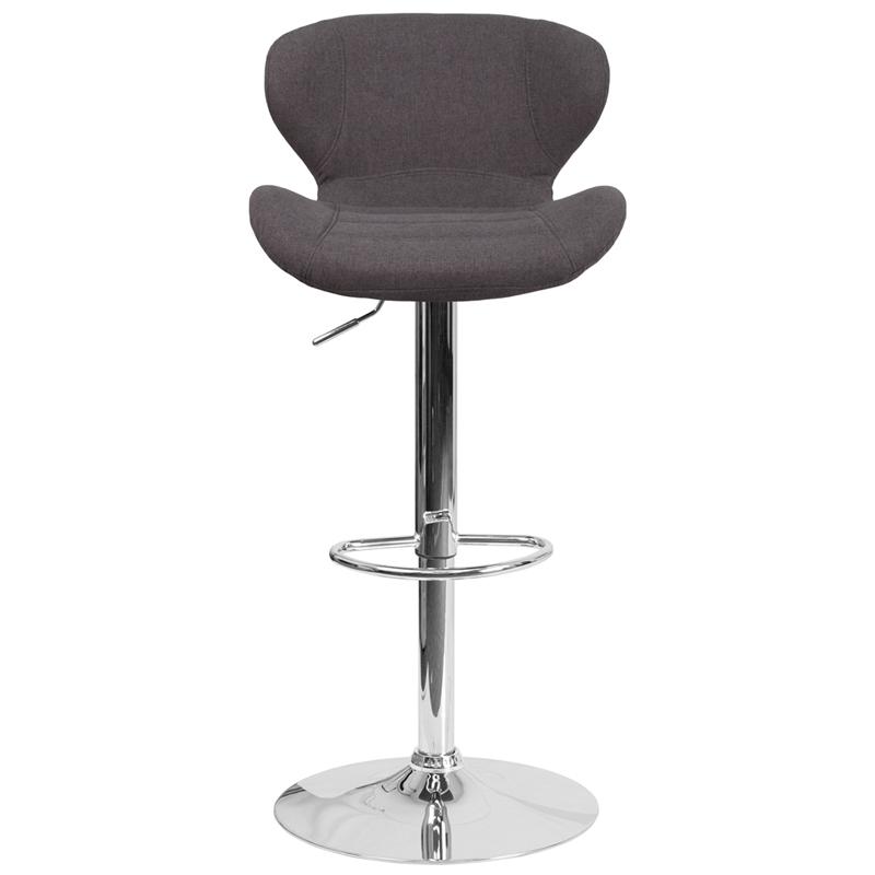 Contemporary Charcoal Fabric Adjustable Height Barstool with Curved Back and Chrome Base. Picture 4