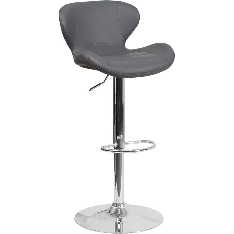 Contemporary Gray Vinyl Adjustable Height Barstool with Curved Back and Chrome Base. Picture 1