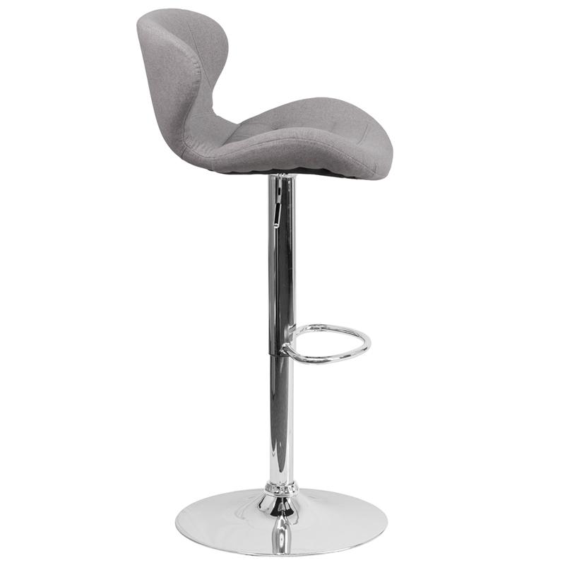 Contemporary Gray Fabric Adjustable Height Barstool with Curved Back and Chrome Base. Picture 2