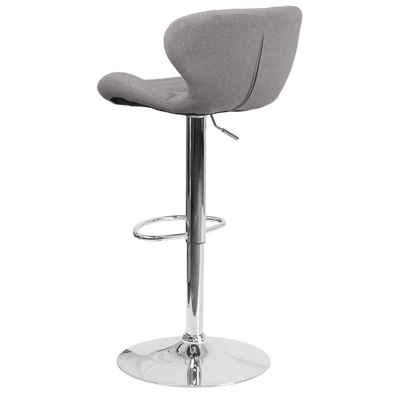 Contemporary Gray Fabric Adjustable Height Barstool with Curved Back and Chrome Base. Picture 3