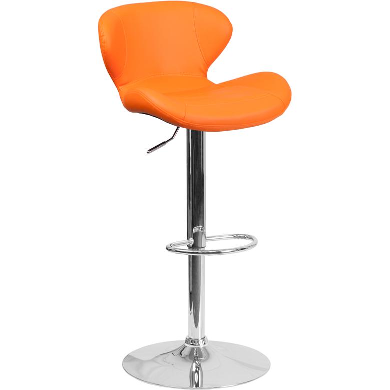 Orange Vinyl Adjustable Height Barstool with Curved Back and Chrome Base. Picture 1