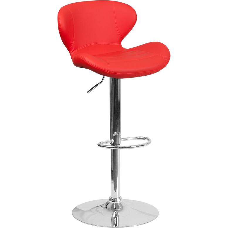Contemporary Red Vinyl Adjustable Height Barstool with Curved Back and Chrome Base. Picture 1