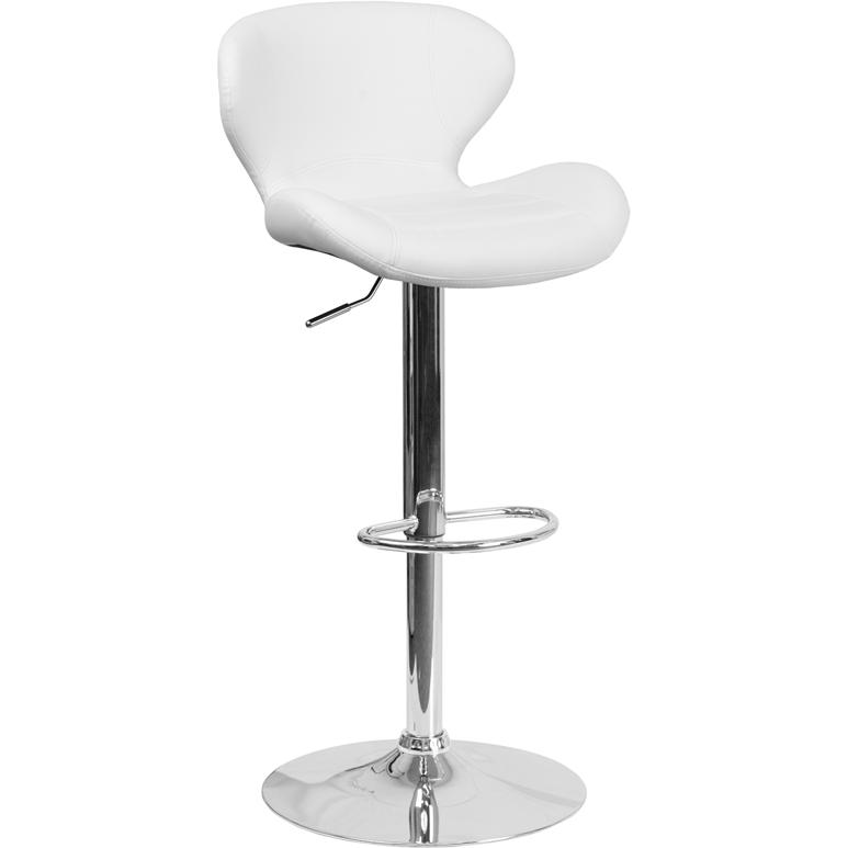 White Vinyl Adjustable Height Barstool with Curved Back and Chrome Base. Picture 1