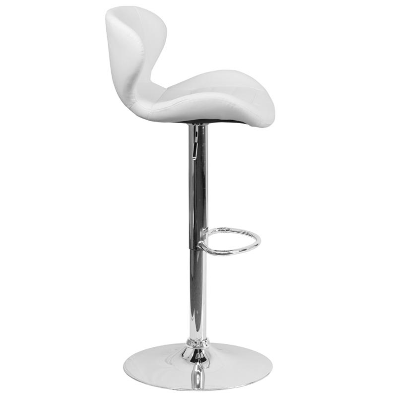 White Vinyl Adjustable Height Barstool with Curved Back and Chrome Base. Picture 2