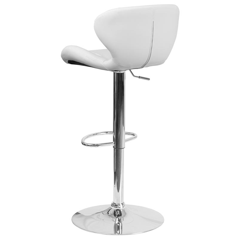 White Vinyl Adjustable Height Barstool with Curved Back and Chrome Base. Picture 3