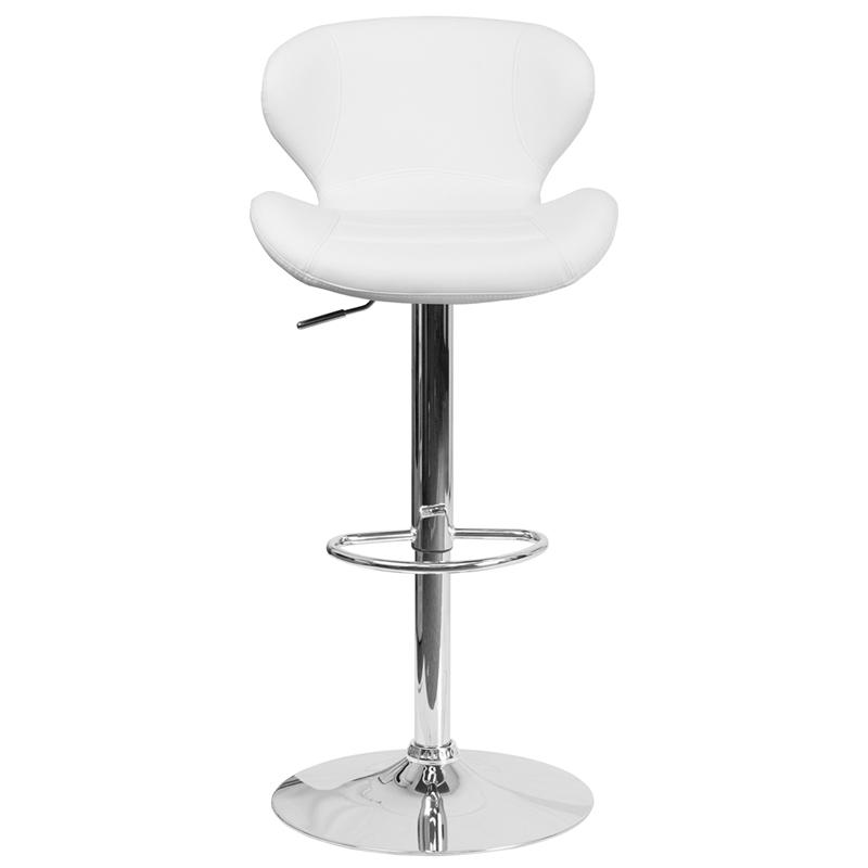 White Vinyl Adjustable Height Barstool with Curved Back and Chrome Base. Picture 4