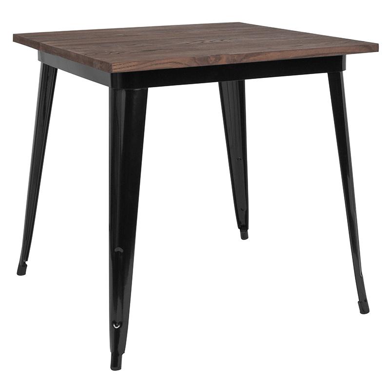 31.5" Square Black Metal Indoor Table with Walnut Rustic Wood Top. Picture 1
