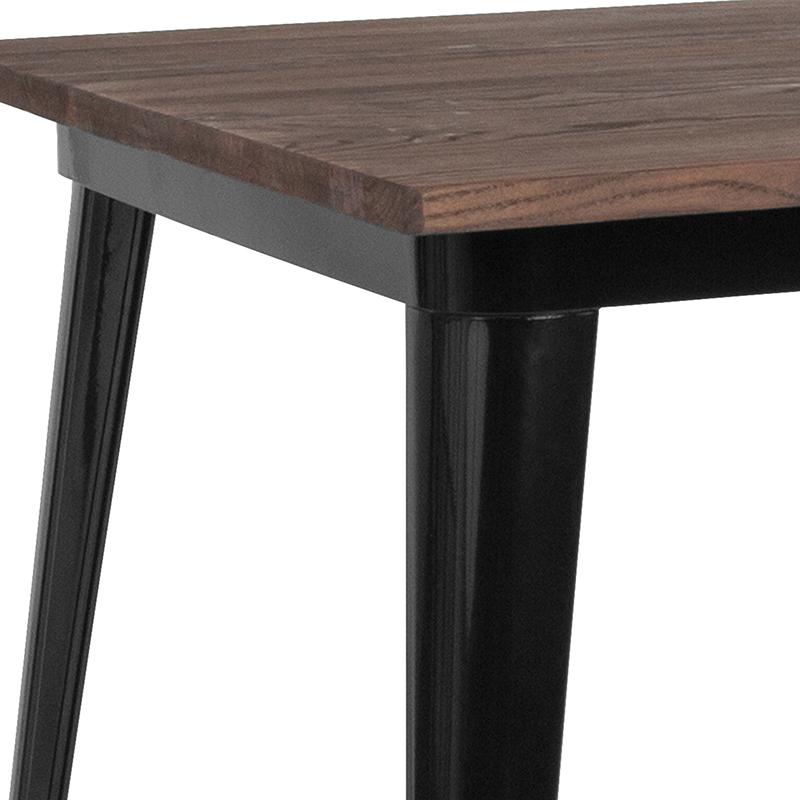 31.5" Square Black Metal Indoor Table with Walnut Rustic Wood Top. Picture 3