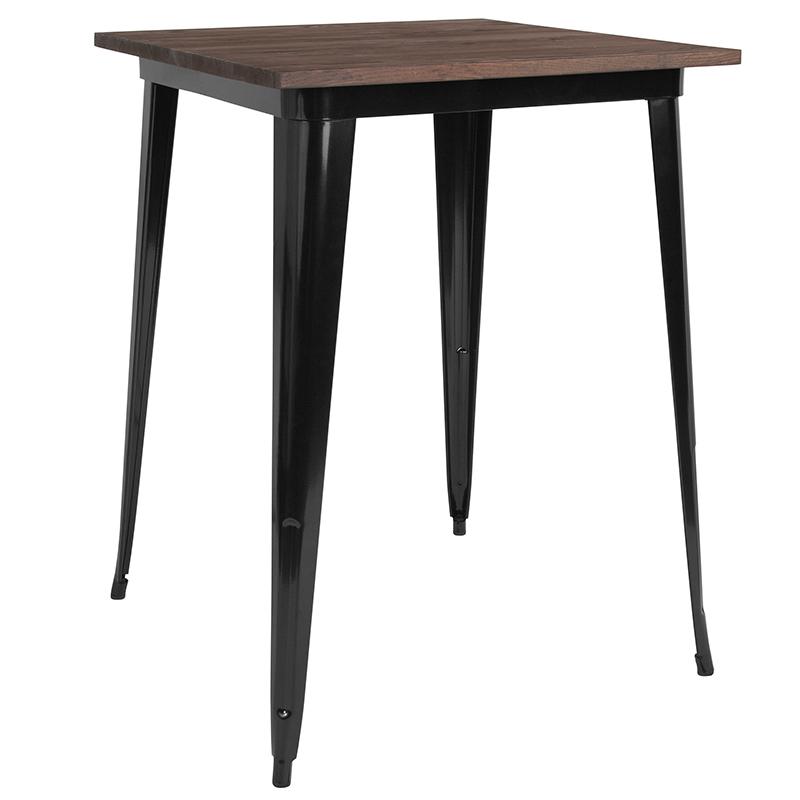 31.5" Square Black Metal Indoor Bar Height Table with Walnut Rustic Wood Top. The main picture.
