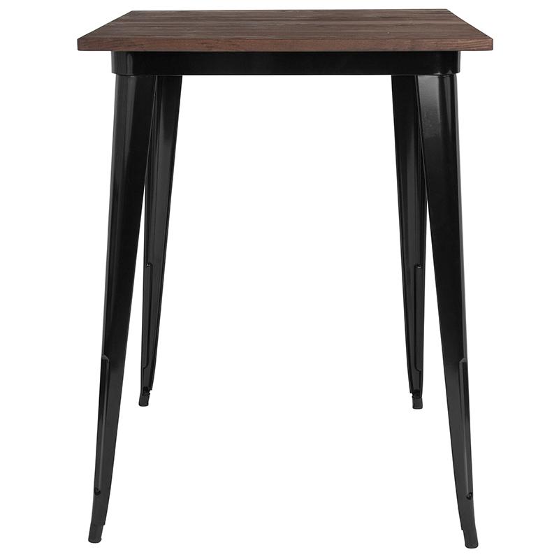 31.5" Square Black Metal Indoor Bar Height Table with Walnut Rustic Wood Top. Picture 2