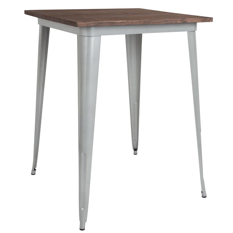 31.5" Square Silver Metal Indoor Bar Height Table with Walnut Rustic Wood Top. Picture 1