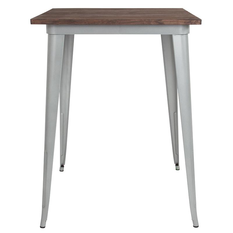 31.5" Square Silver Metal Indoor Bar Height Table with Walnut Rustic Wood Top. Picture 2