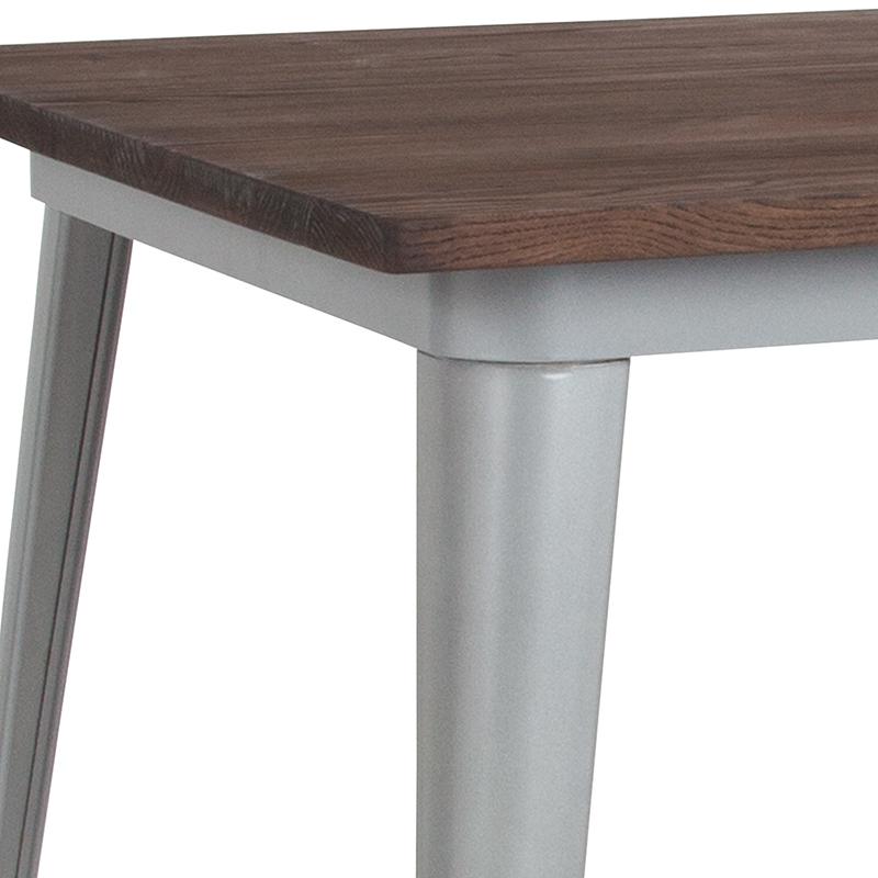 31.5" Square Silver Metal Indoor Bar Height Table with Walnut Rustic Wood Top. Picture 3