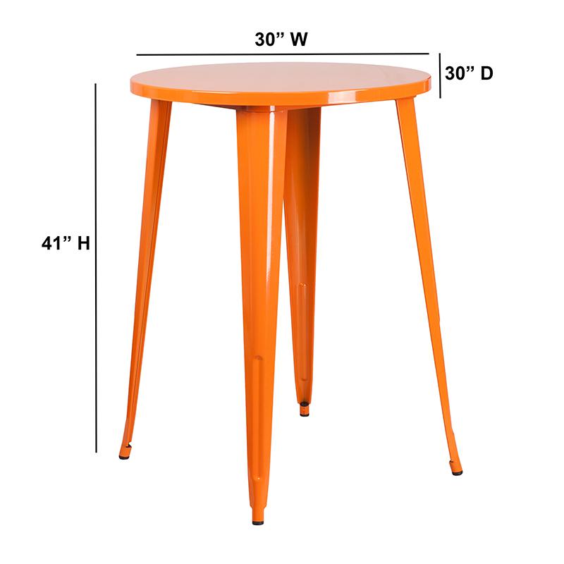 Commercial Grade 30" Round Orange Metal Indoor-Outdoor Bar Height Table. Picture 2