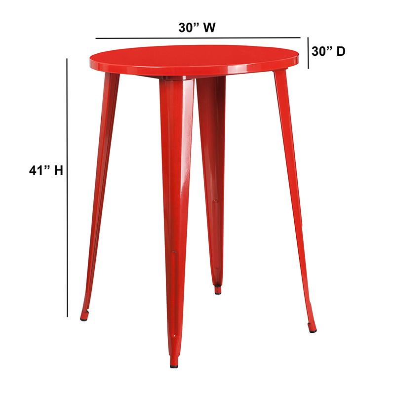 Commercial Grade 30" Round Red Metal Indoor-Outdoor Bar Height Table. Picture 2