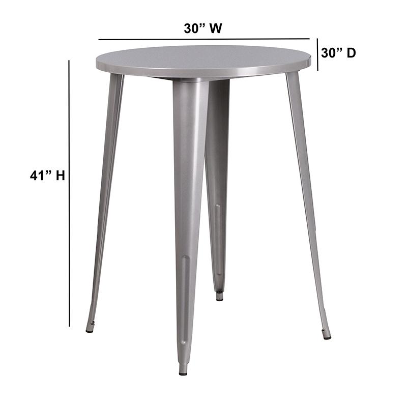 Commercial Grade 30" Round Silver Metal Indoor-Outdoor Bar Height Table. Picture 2