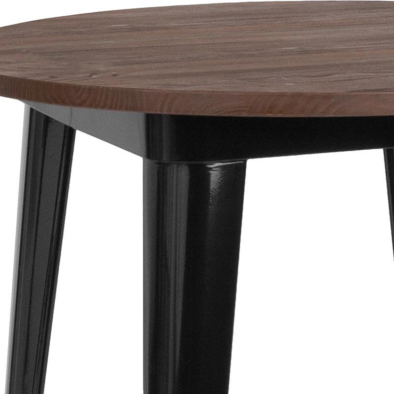 30" Round Black Metal Indoor Bar Height Table with Walnut Rustic Wood Top. Picture 3