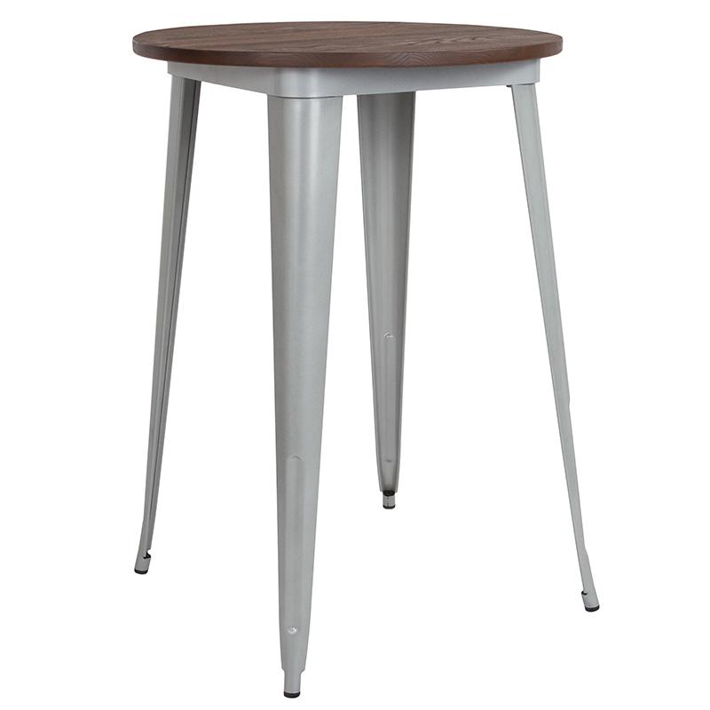 30" Round Silver Metal Indoor Bar Height Table with Walnut Rustic Wood Top. Picture 1